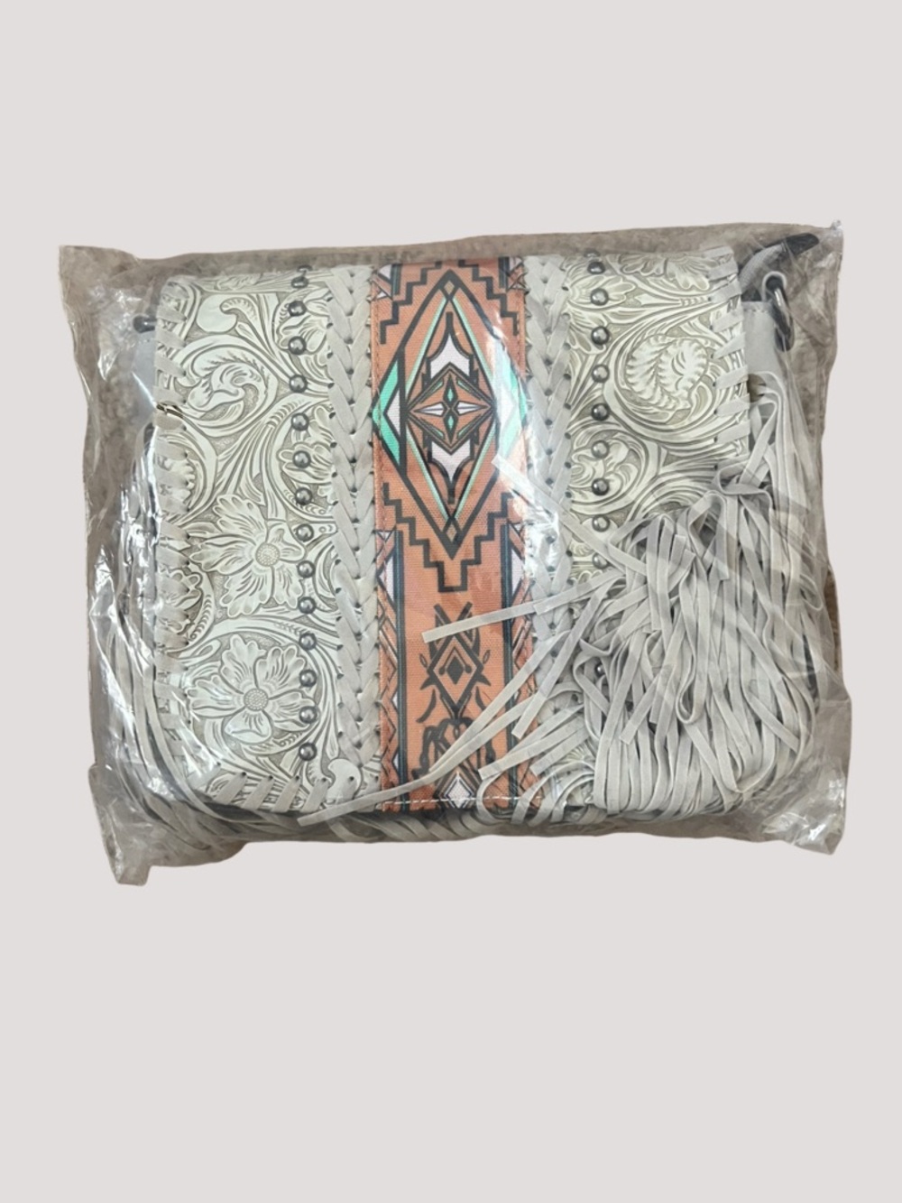 Light Gray Embossed Vegan Fringe Crossbody Bag with Aztec Stripe - Picture 11 of 11